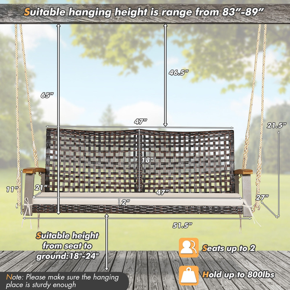 Weatherproof Rattan Hanging Porch Swing Chair With Soft Cushion And Acacia Armrests Ideal For Patio 6