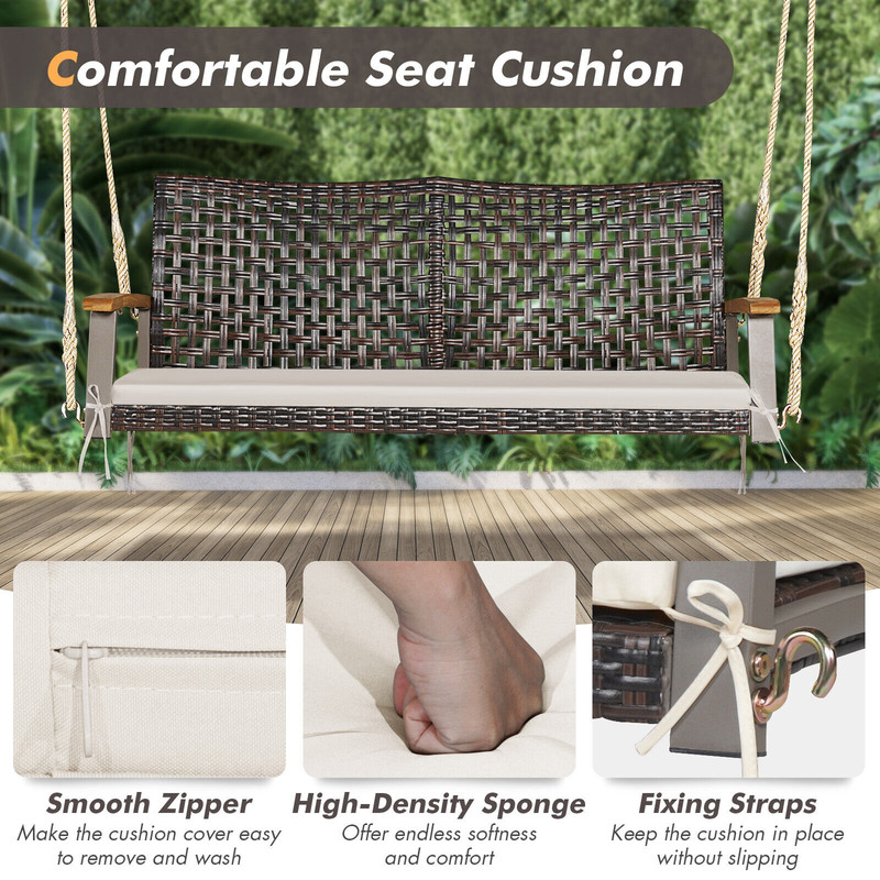 Weatherproof Rattan Hanging Porch Swing Chair With Soft Cushion And Acacia Armrests Ideal For Patio 3