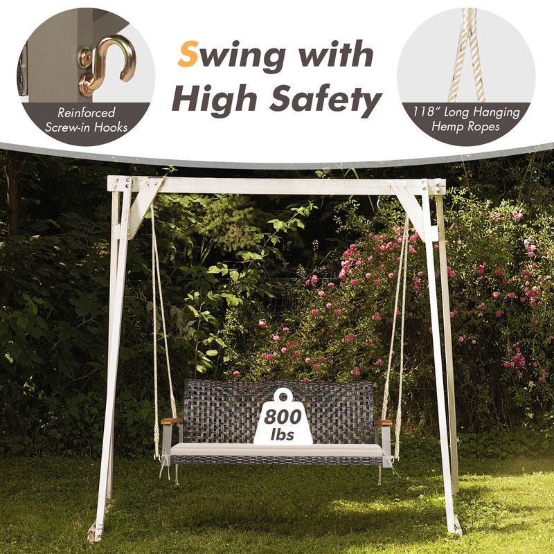 Weatherproof Rattan Hanging Porch Swing Chair With Soft Cushion And Acacia Armrests Ideal For Patio 4