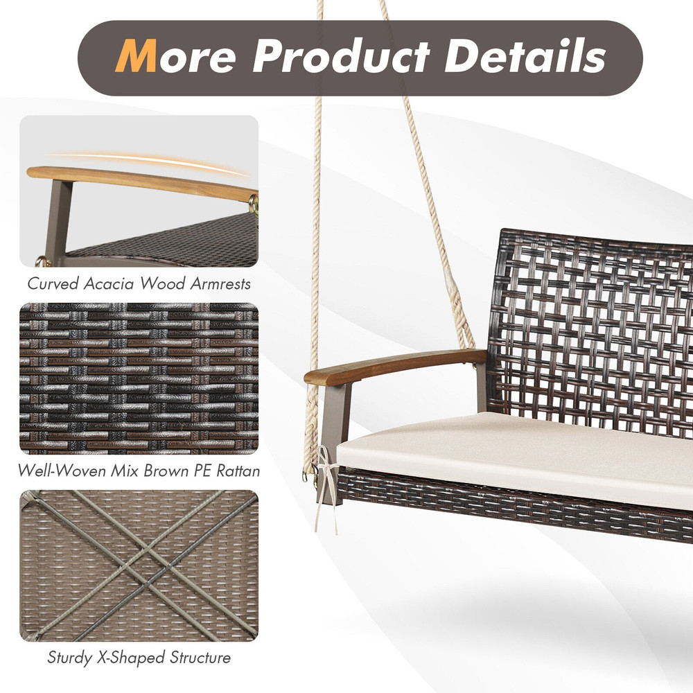 Weatherproof Rattan Hanging Porch Swing Chair With Soft Cushion And Acacia Armrests Ideal For Patio 5