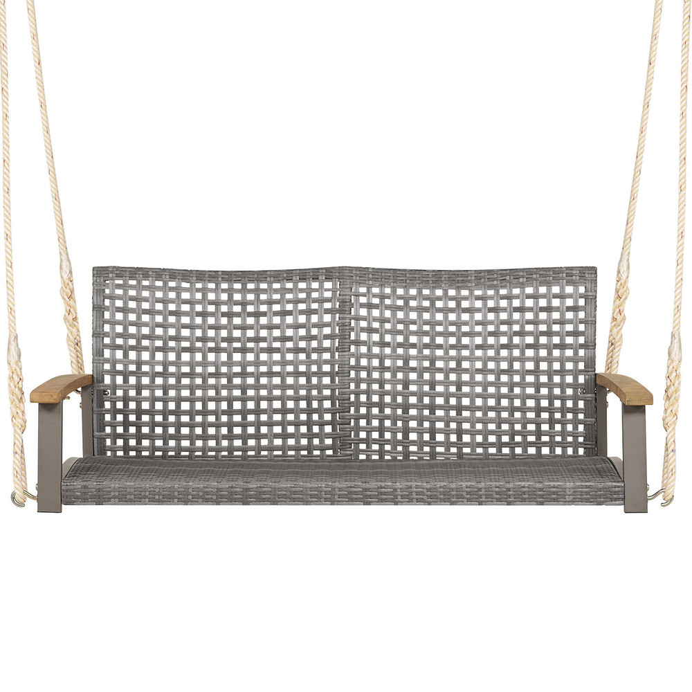 AllWeather Patio Wicker Hanging Swing Chair With Acacia Armrests Outdoor Rattan Porch Swing With Cu 0