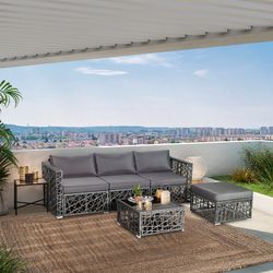 5-piece patio pe rattan wicker sofa furniture set, all-weather gray outdoor sectional with tempered glass table