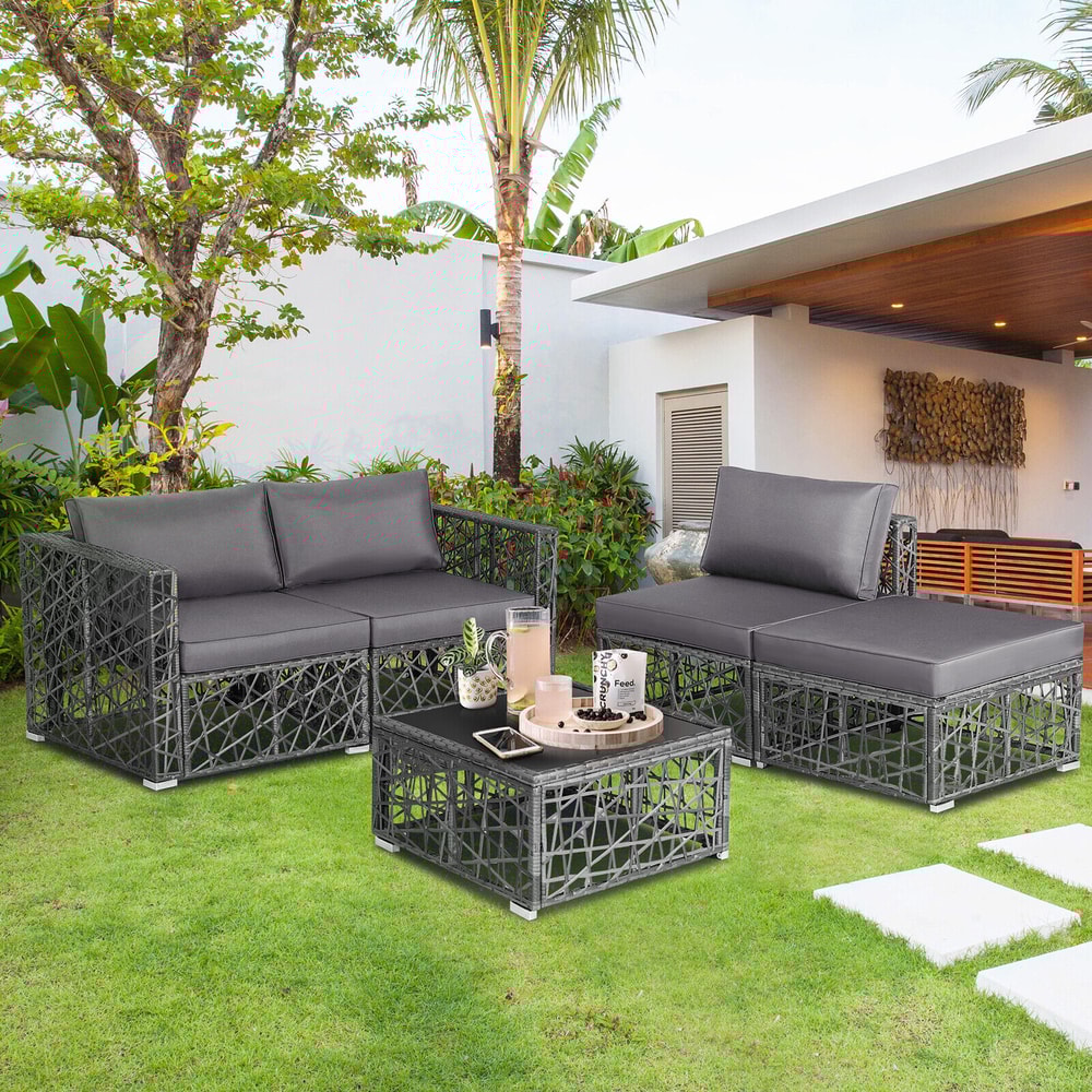 5Piece Patio PE Rattan Wicker Sofa Furniture Set AllWeather Gray Outdoor Sectional With Tempered Gl 2