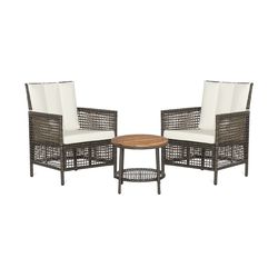 outdoor patio rattan furniture set with cushioned armchairs and wood table top, ideal for garden, balcony