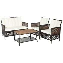 patio rattan furniture set with tier coffee table, outdoor conversation set with loveseat, armchairs & acacia wood