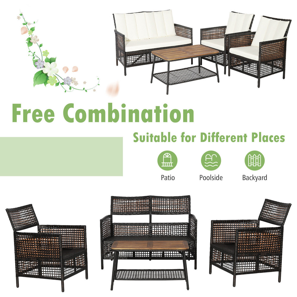 Patio Rattan Furniture Set With Tier Coffee Table Outdoor Conversation Set With Loveseat Armchairs  3
