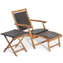 foldable patio lounge chair set with acacia wood side table, rattan recliners with retractable ottomans for outdoor