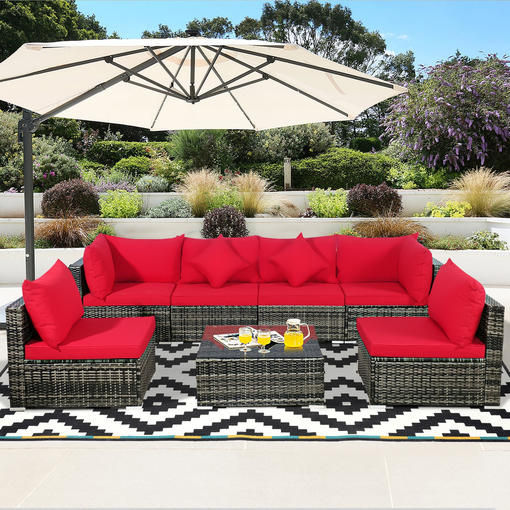 Modern Patio Rattan Furniture Set With Sectional Sofa Cushioned Outdoor PE Wicker Seating Set With  1