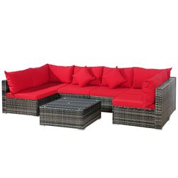 modern patio rattan furniture set with sectional sofa cushioned, outdoor pe wicker seating set with glass table