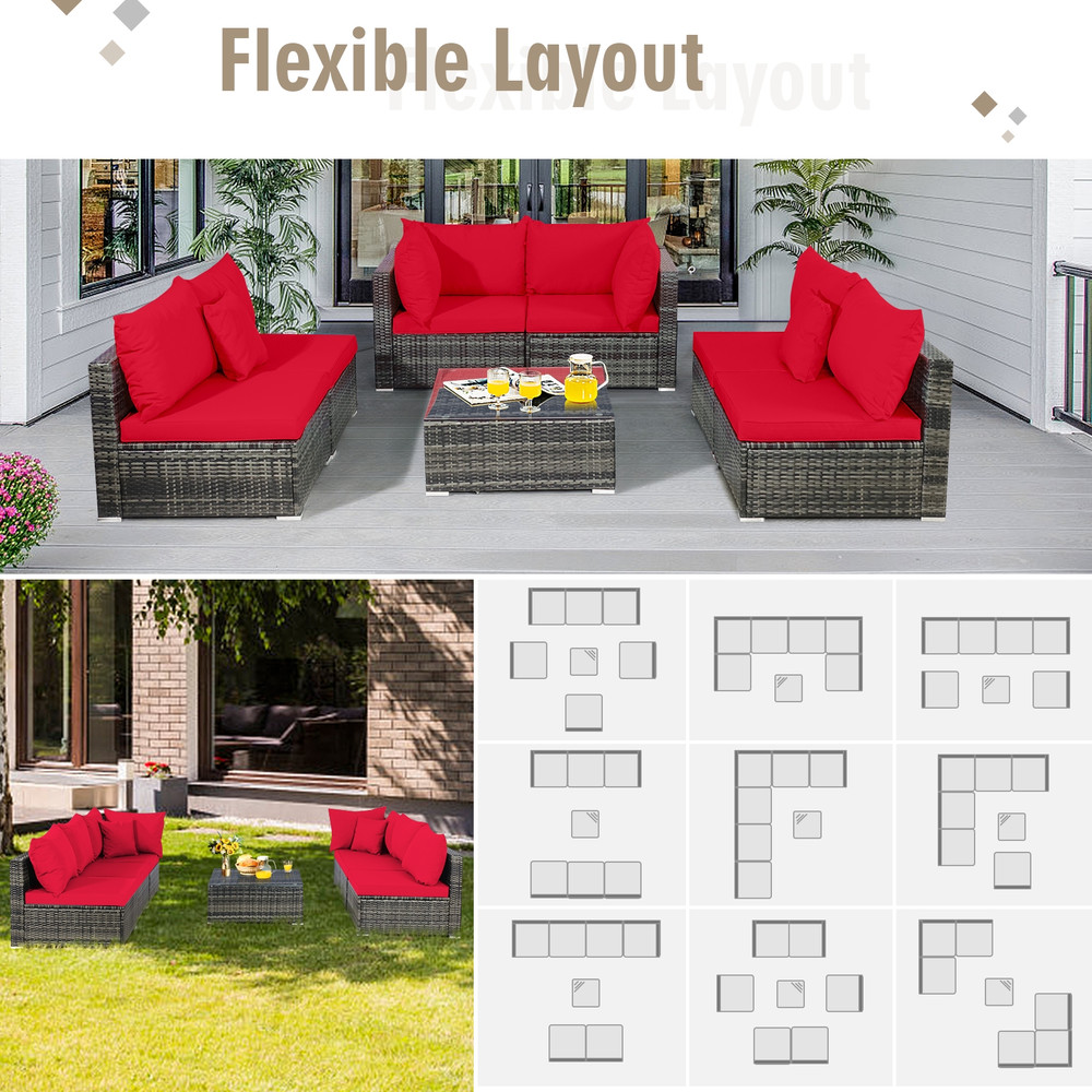 Modern Patio Rattan Furniture Set With Sectional Sofa Cushioned Outdoor PE Wicker Seating Set With  6