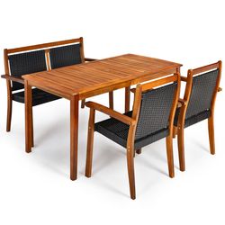 outdoor acacia wood patio rattan dining furniture set, loveseat, chairs & table with umbrella hole – space-saving set