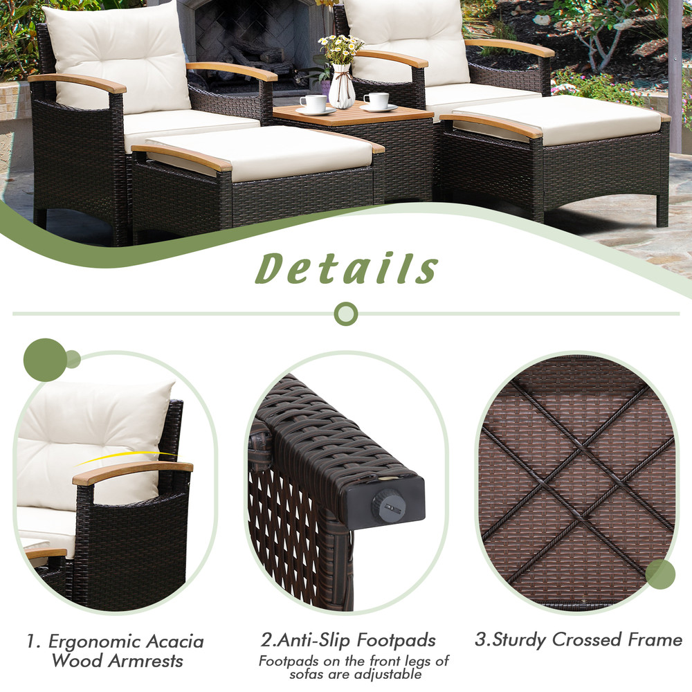 Outdoor Patio Conversation Set With Cushions Coffee Table And Ottomans PE Rattan Furniture For Back 6