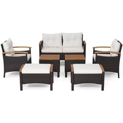 premium rattan patio sofa set with acacia wood armrests and tabletop, outdoor lounge furniture with cushions, ottomans