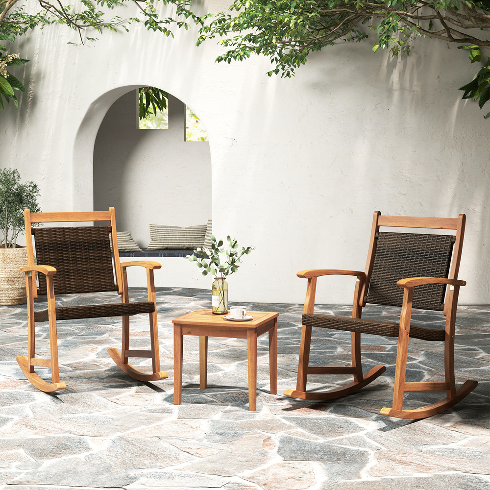 Patio Rocking Chair Set With Side Table Solid Acacia Wood Outdoor Rockers For Garden Porch Or Balco 2