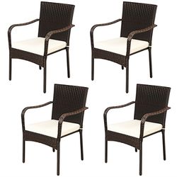 outdoor patio rattan dining chairs set, stackable design with soft cushions & armrests for garden or balcony use
