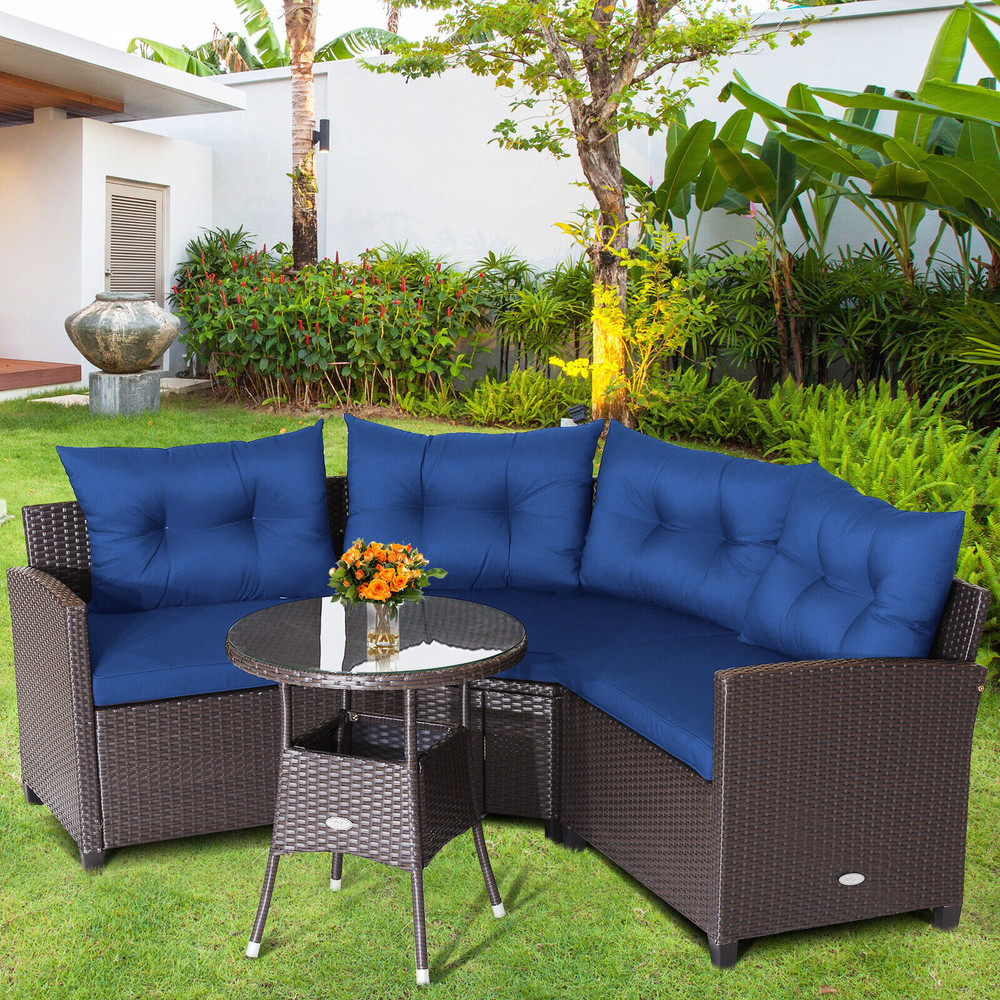 Outdoor Patio Rattan Furniture Set Cushioned Sofa Seating With Tempered Glass Table For Balcony Dec 1
