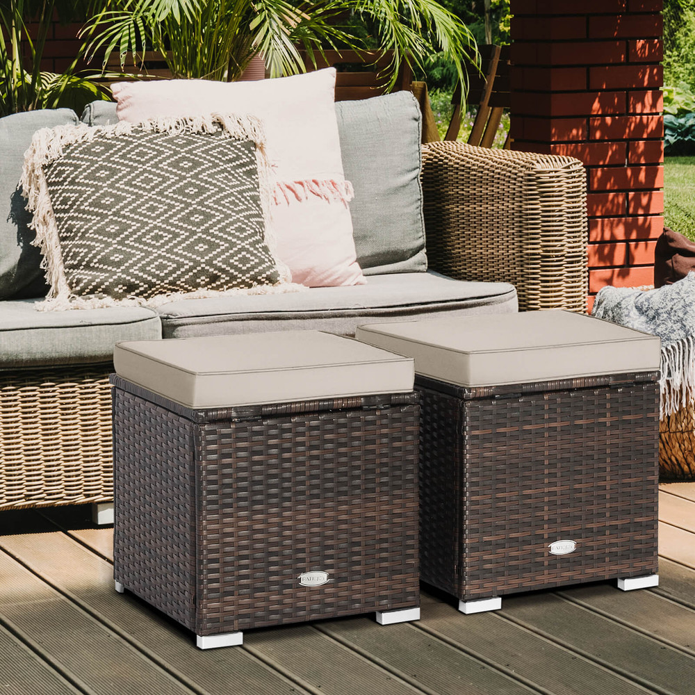 Outdoor Patio Ottoman Set With Hidden Storage Rattan Cushioned Footrest Side Table For Balcony Dec 1