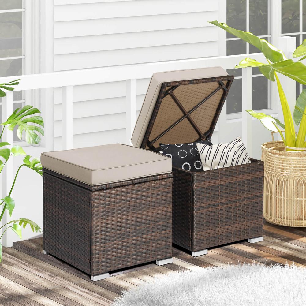 Outdoor Patio Ottoman Set With Hidden Storage Rattan Cushioned Footrest Side Table For Balcony Dec 2