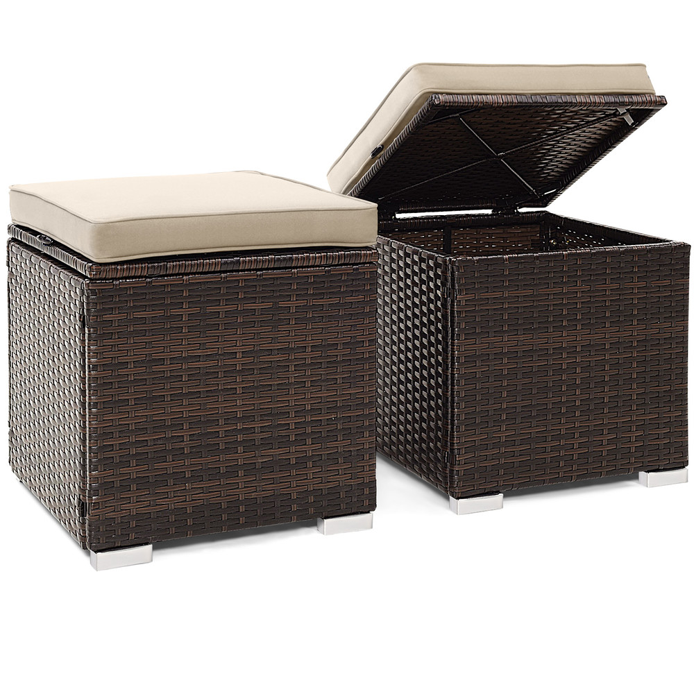 Outdoor Patio Ottoman Set With Hidden Storage Rattan Cushioned Footrest Side Table For Balcony Dec 7
