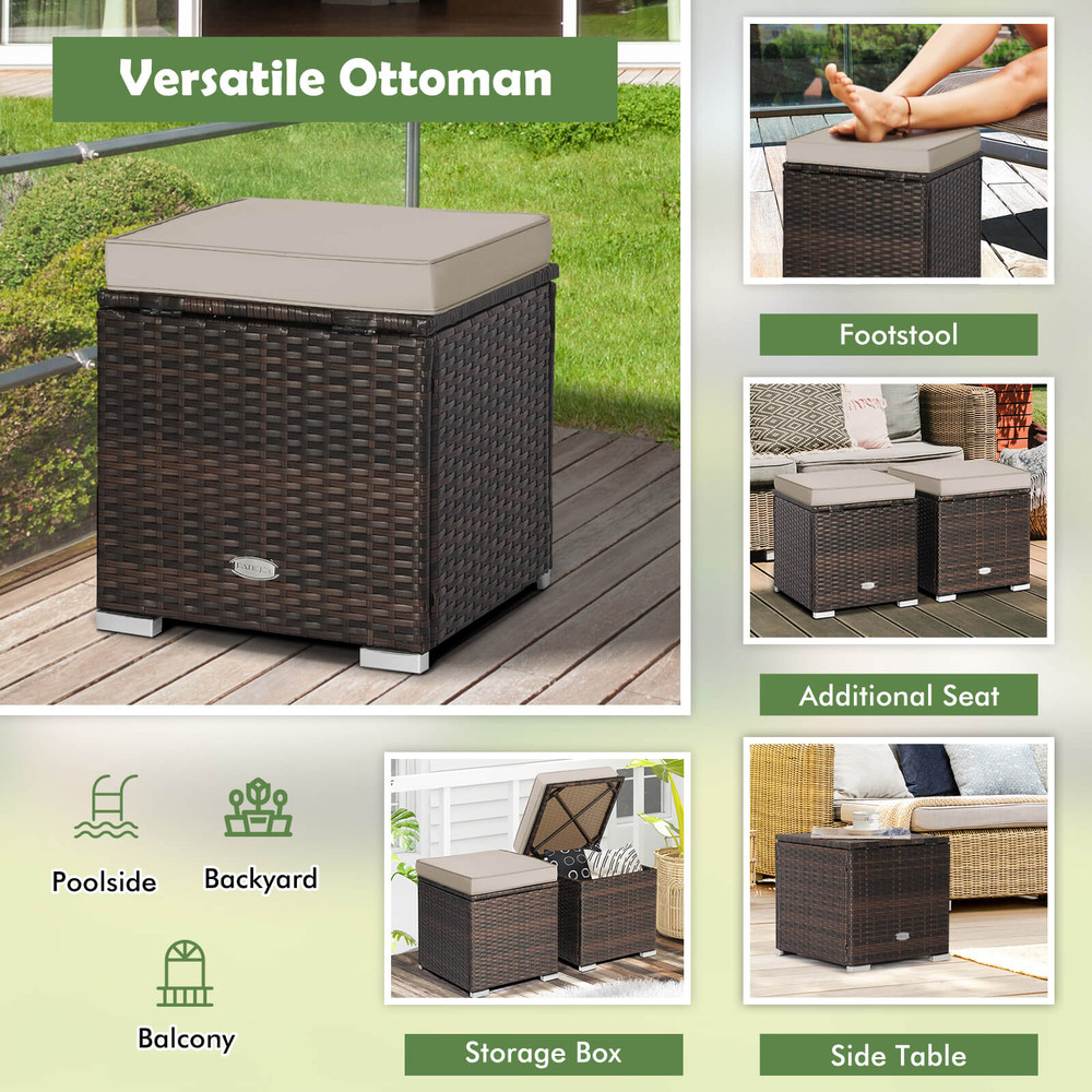 Outdoor Patio Ottoman Set With Hidden Storage Rattan Cushioned Footrest Side Table For Balcony Dec 3