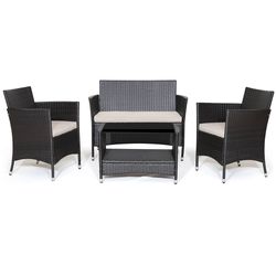 outdoor patio conversation set with cushions and tempered glass table, weather-resistant rattan seating
