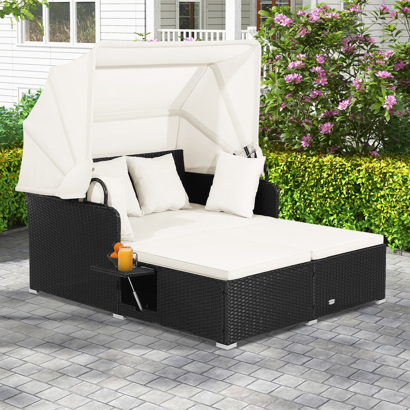 Luxury Patio Rattan Daybed With Retractable Canopy And Side Tables Outdoor Wicker Sofa Lounger With 1