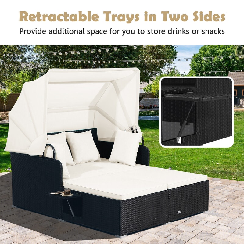 Luxury Patio Rattan Daybed With Retractable Canopy And Side Tables Outdoor Wicker Sofa Lounger With 5