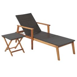 outdoor patio chaise lounge chair and table set, 4-level adjustable backrest with foldable acacia side table & pe