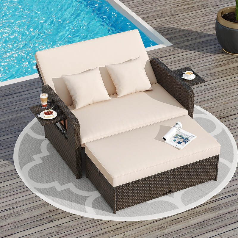 Luxury Adjustable Outdoor Patio Daybed Set AllWeather Rattan Double Chaise Lounge With Cushions Hid 1