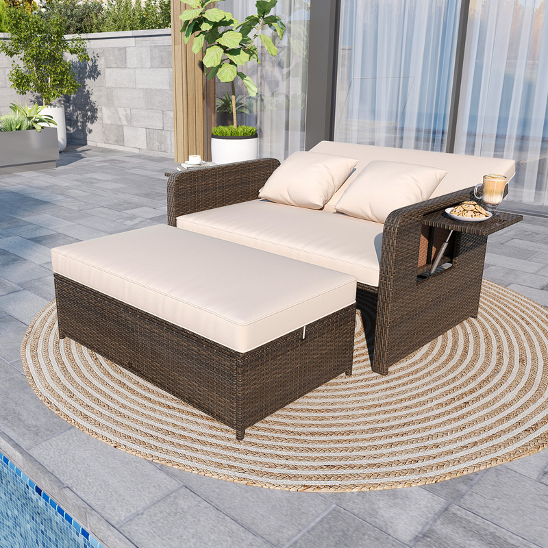 Luxury Adjustable Outdoor Patio Daybed Set AllWeather Rattan Double Chaise Lounge With Cushions Hid 4