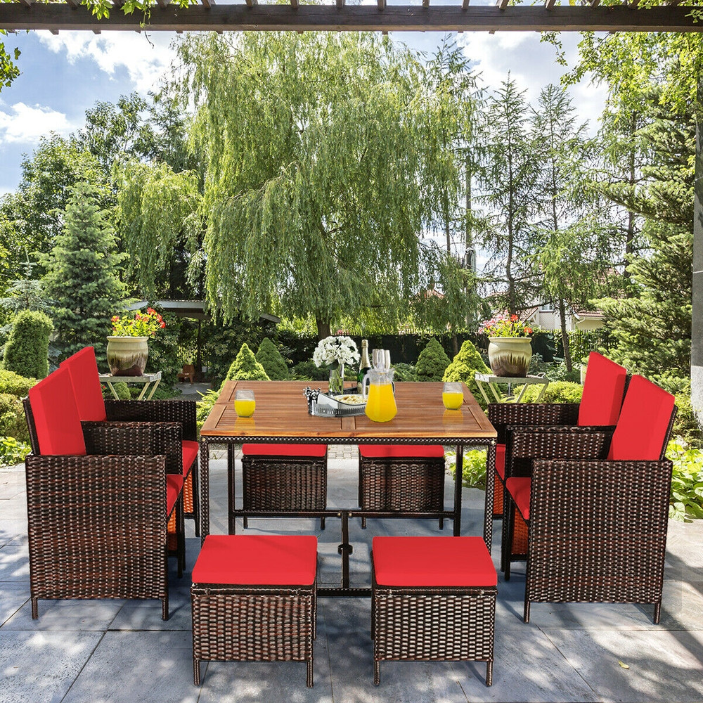 9-Piece Patio Rattan Dining Set with Cushioned Chairs, Acacia Wood Table & Weather-Resistant PE Wicker