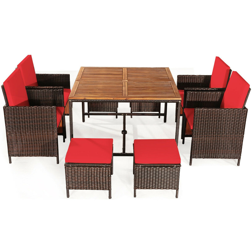 9-Piece Patio Rattan Dining Set with Cushioned Chairs, Acacia Wood Table & Weather-Resistant PE Wicker