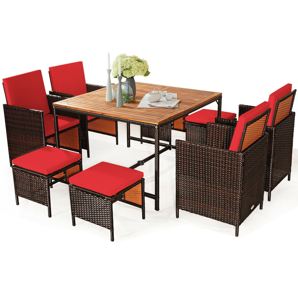 9-Piece Patio Rattan Dining Set with Cushioned Chairs, Acacia Wood Table & Weather-Resistant PE Wicker