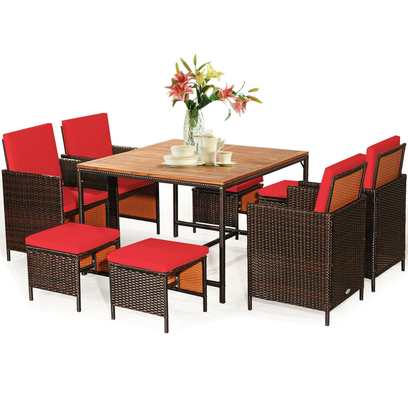 9-Piece Patio Rattan Dining Set with Cushioned Chairs, Acacia Wood Table & Weather-Resistant PE Wicker