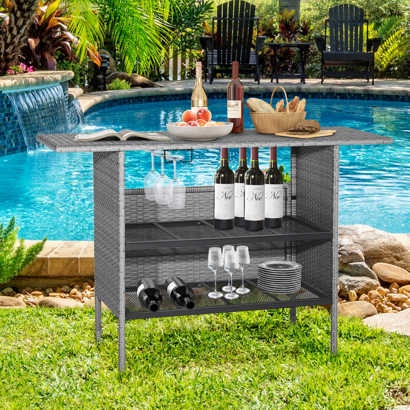 Outdoor Patio Wicker Bar Table with Metal Shelves, 55 Rattan Bistro Table, Rustproof Frame & Stemware Rack