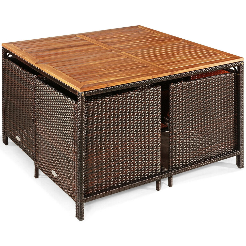 9-Piece Patio Rattan Dining Set with Cushioned Chairs, Acacia Wood Table & Weather-Resistant PE Wicker