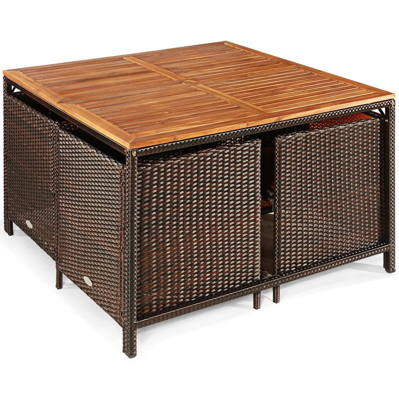 9-Piece Patio Rattan Dining Set with Cushioned Chairs, Acacia Wood Table & Weather-Resistant PE Wicker