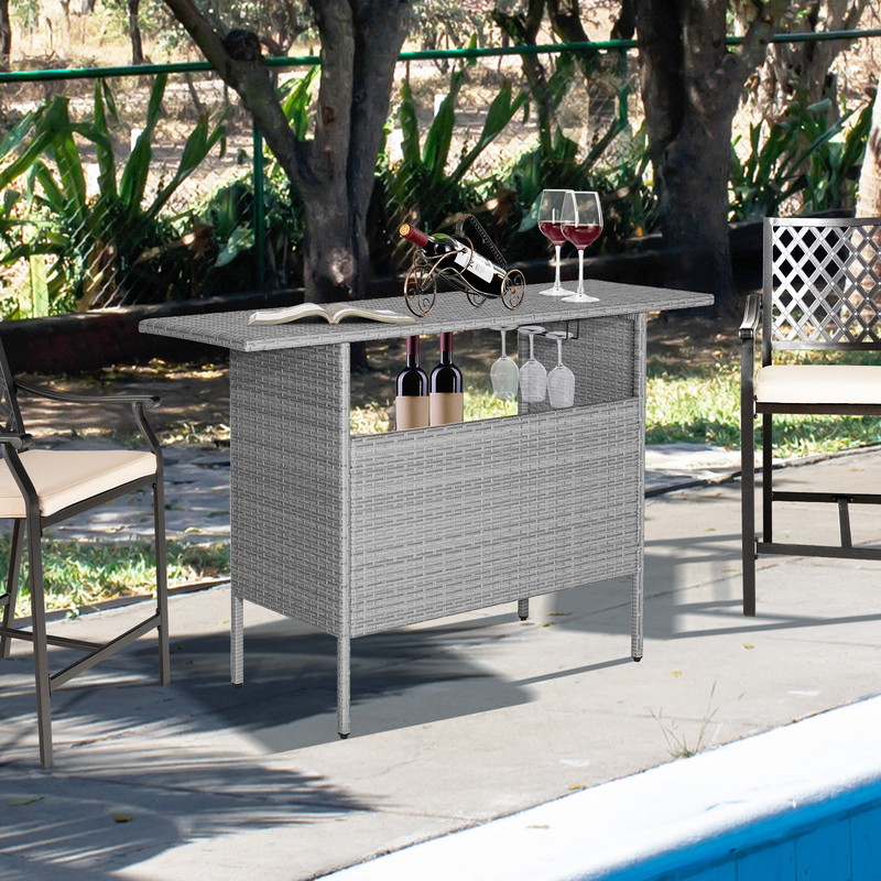 Outdoor Patio Wicker Bar Table with Metal Shelves, 55 Rattan Bistro Table, Rustproof Frame & Stemware Rack