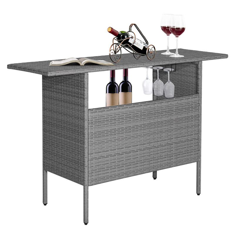 Outdoor Patio Wicker Bar Table with Metal Shelves, 55 Rattan Bistro Table, Rustproof Frame & Stemware Rack