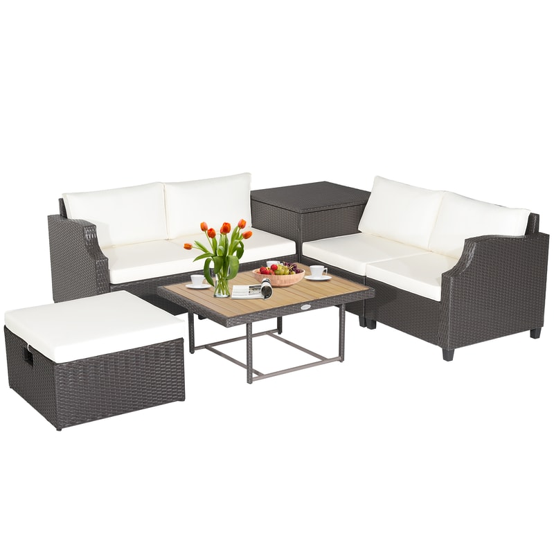 7-Piece Wicker Outdoor Furniture Set with Acacia Wood Coffee Table & Ottoman – Patio Sectional Sofa Set