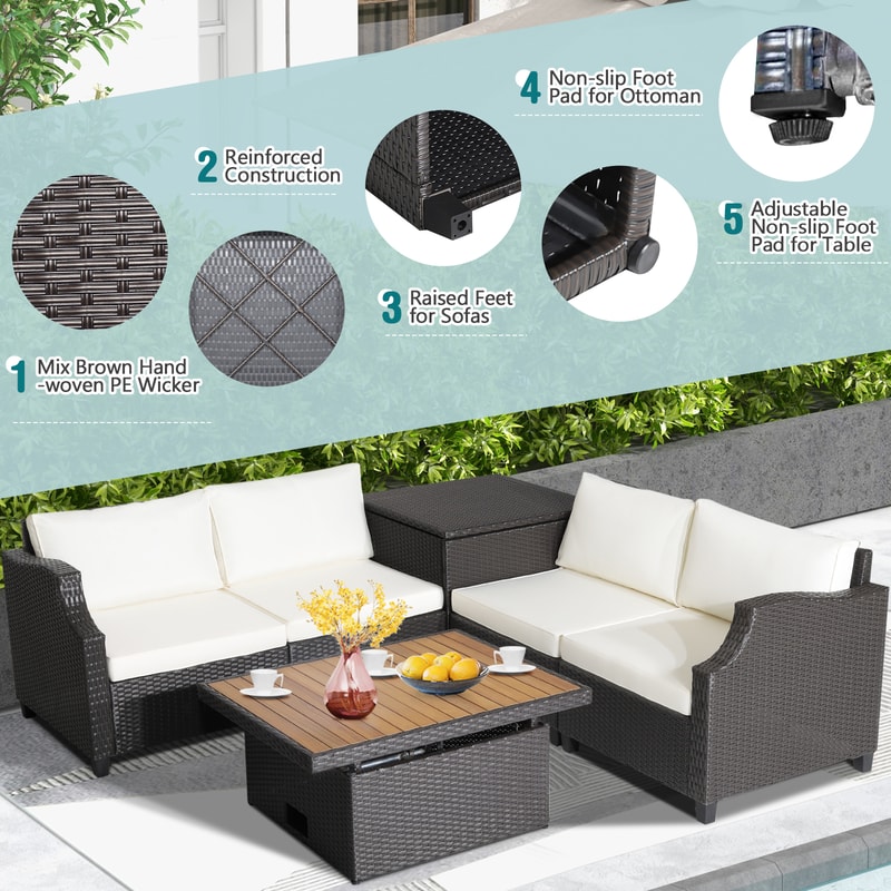 7-Piece Wicker Outdoor Furniture Set with Acacia Wood Coffee Table & Ottoman – Patio Sectional Sofa Set