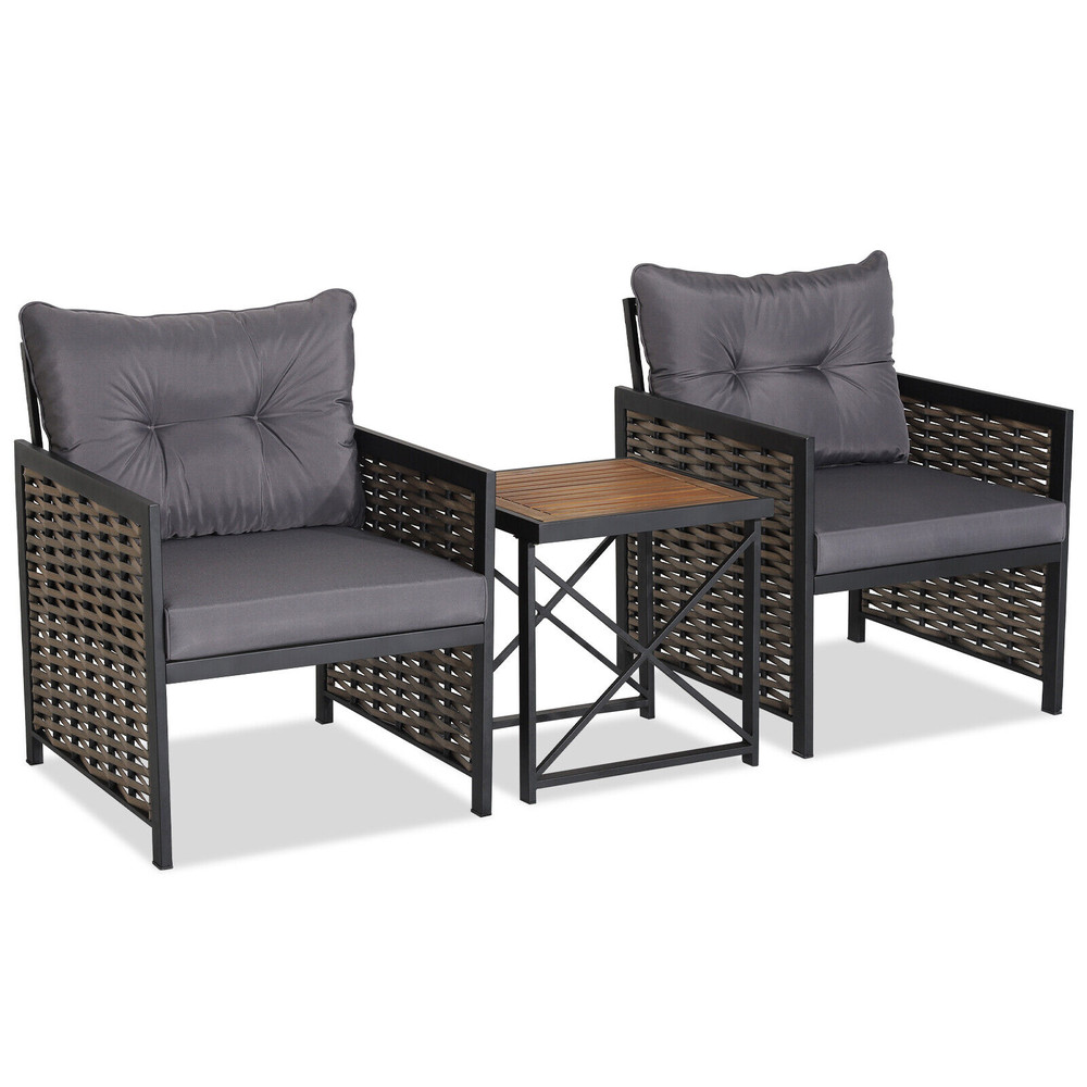 3-Piece Patio Rattan Furniture Set with Acacia Wood Tabletop & Sturdy Metal Frame – Outdoor Wicker Chair & Coffee Table