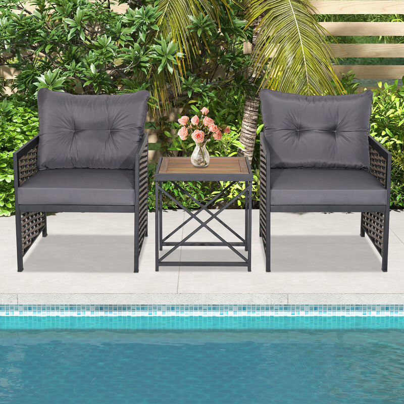 3-Piece Patio Rattan Furniture Set with Acacia Wood Tabletop & Sturdy Metal Frame – Outdoor Wicker Chair & Coffee Table