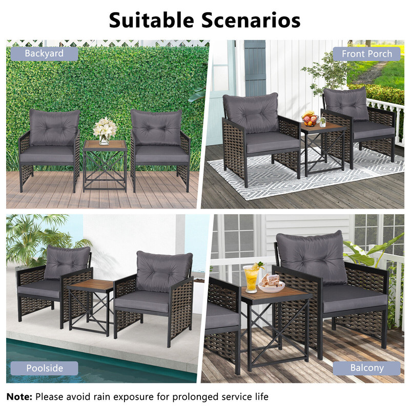 3-Piece Patio Rattan Furniture Set with Acacia Wood Tabletop & Sturdy Metal Frame – Outdoor Wicker Chair & Coffee Table