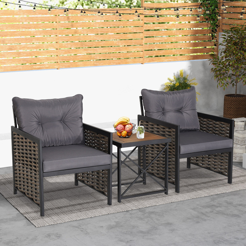 3-Piece Patio Rattan Furniture Set with Acacia Wood Tabletop & Sturdy Metal Frame – Outdoor Wicker Chair & Coffee Table