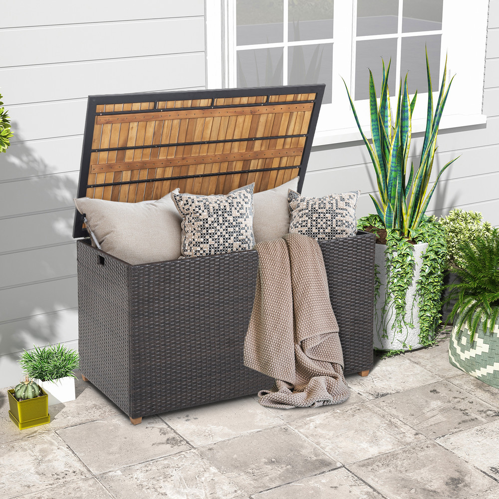 134 Gallon Rattan Storage Box with Zippered Liner & Solid Acacia Wood Top – 2-in-1 Outdoor Deck Box & Side Table