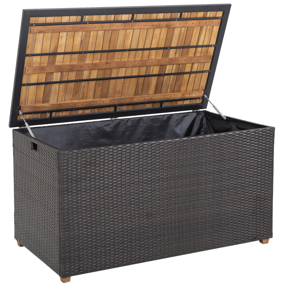 134 Gallon Rattan Storage Box with Zippered Liner & Solid Acacia Wood Top – 2-in-1 Outdoor Deck Box & Side Table