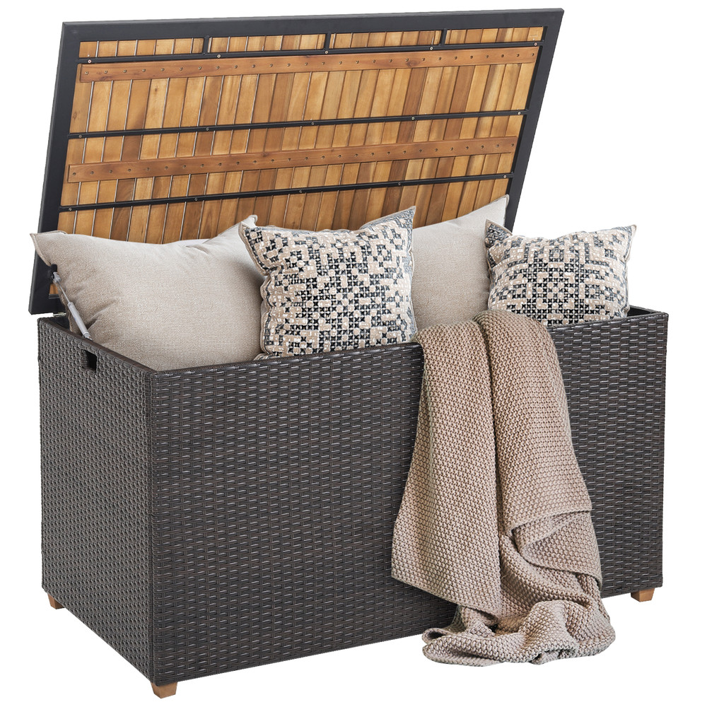 134 Gallon Rattan Storage Box with Zippered Liner & Solid Acacia Wood Top – 2-in-1 Outdoor Deck Box & Side Table