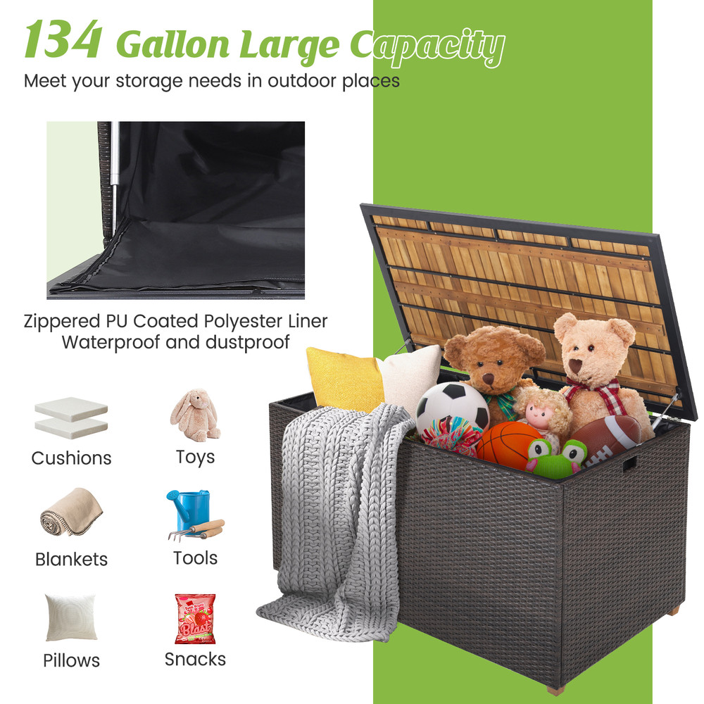 134 Gallon Rattan Storage Box with Zippered Liner & Solid Acacia Wood Top – 2-in-1 Outdoor Deck Box & Side Table