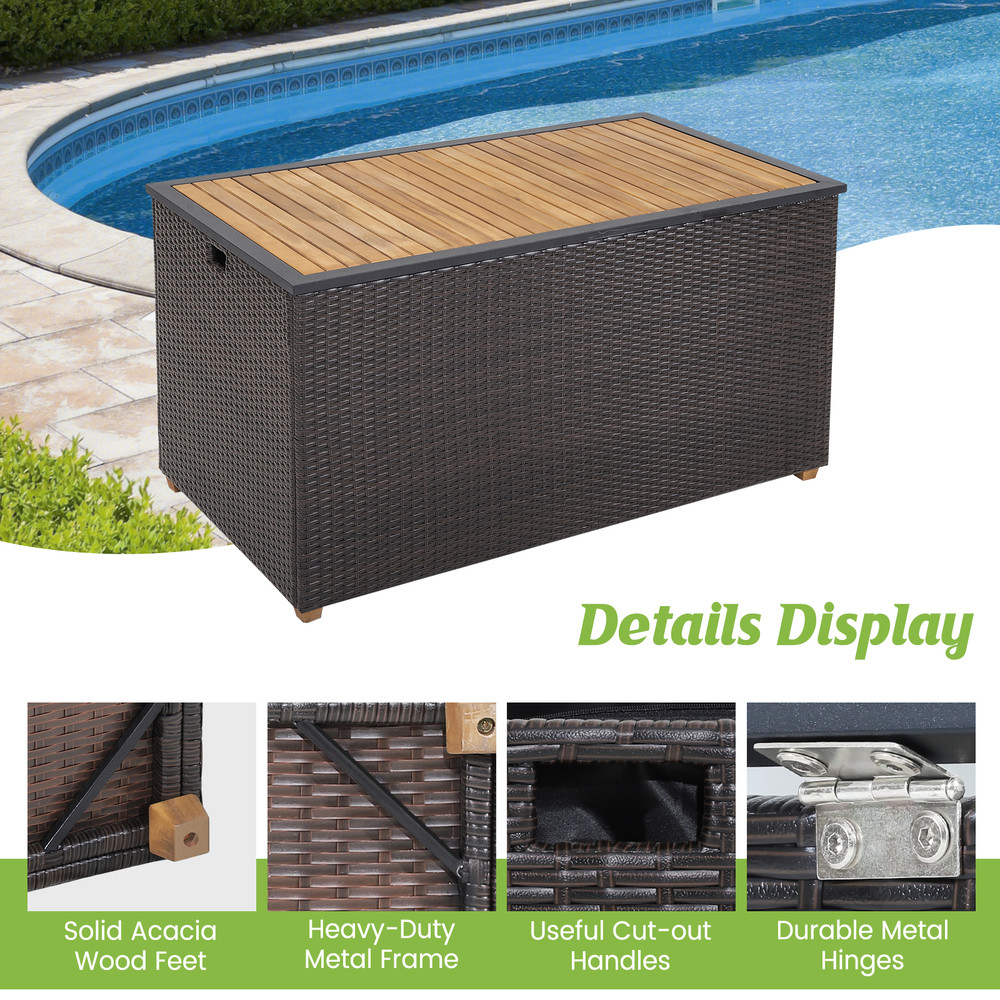 134 Gallon Rattan Storage Box with Zippered Liner & Solid Acacia Wood Top – 2-in-1 Outdoor Deck Box & Side Table